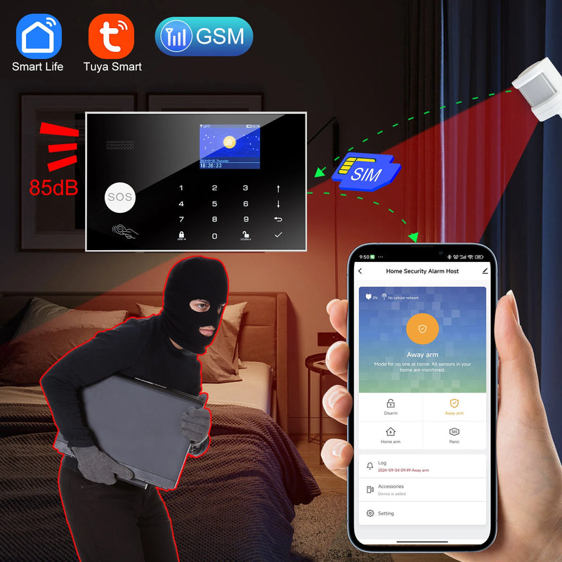 SmartHome GSM WiFi Wireless Alarm System Anti-tamper Real-time Alerts Tuya APP Remote Control 328 ft Range Smart House Wireless Security Alarm