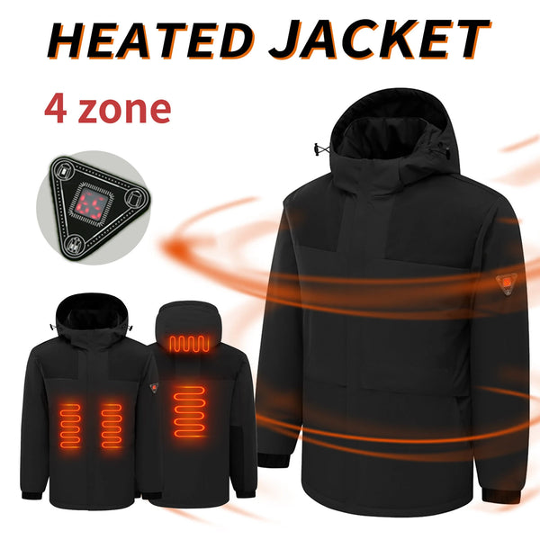 TENGOO HJ-04B 4 Zones Heated Jacket -  3-Gear Thermal, with Digital Display, Windproof & High Neck Hooded, Unisex Comfort Coat for Winter Hiking Outdoor Sport