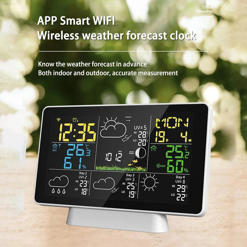 Tuya Wifi Wireless Weather Station Alarm Clock With 7.5 Inch Display / Atomic Clock / Weather Forecast / Outdoor Thermometer / Air Pressure / Moon Phase