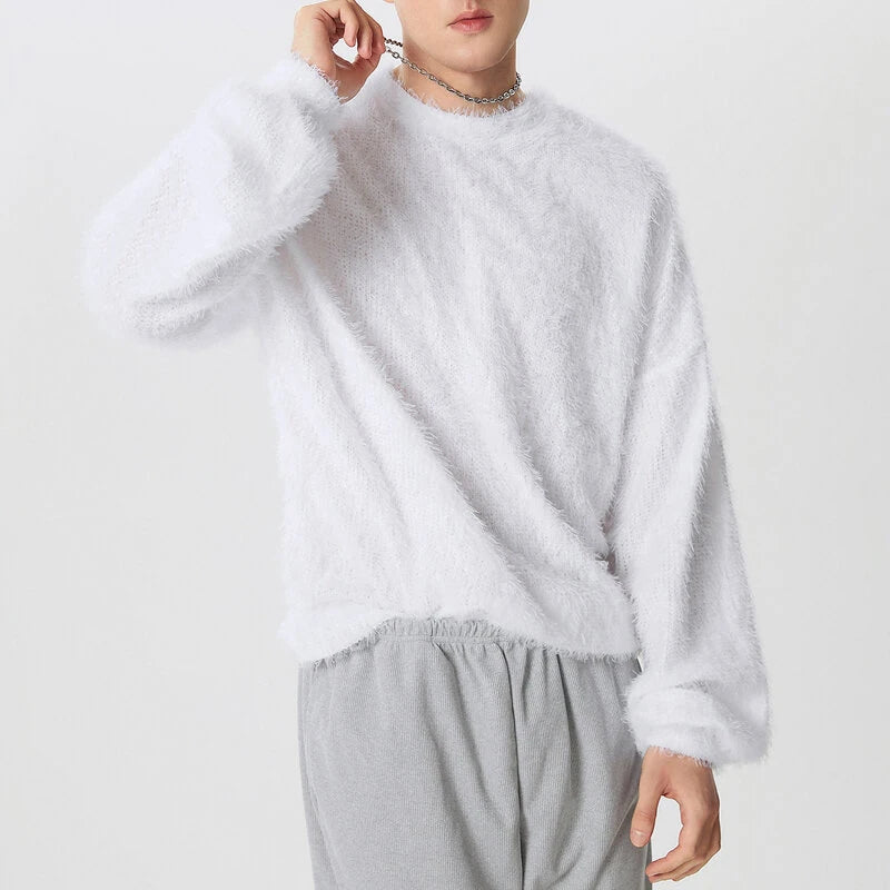 INCERUN Men's Solid Color Sweater Casual Comfy Oversized Faux Fur Long Sleeve Sweater Plus Size Crew Neck Pullover Sweater for Men Fall Winter