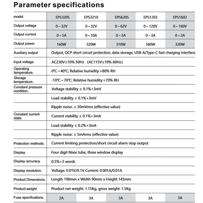 WANPTEK Regulated Power Supply EPS1602 0-160V Voltage 0-2A 0-10A Current (Multiple voltage options) Multi-Function Protection Superior Stability Digital Display ideal for Diverse Electronics Application EPS3205/EPS3210/EPS6205/EPS1203/EPS1602