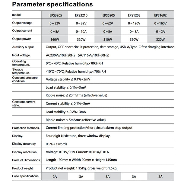 WANPTEK Regulated Power Supply EPS1602 0-160V Voltage 0-2A 0-10A Current (Multiple voltage options) Multi-Function Protection Superior Stability Digital Display ideal for Diverse Electronics Application EPS3205/EPS3210/EPS6205/EPS1203/EPS1602