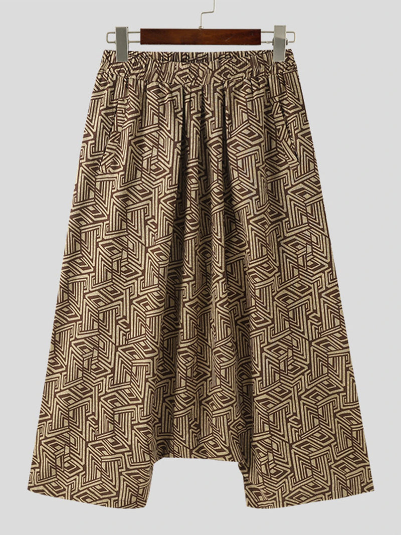 INCERUN Men Pant Ethnic Print Low Rise Long Pant Loose Fit Mens Elastic Streetwear Pants with Side Pockets S-5XL