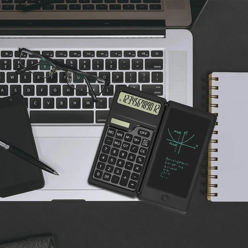 Basic Calculator Notepad with 6 Inch LCD Writing Tablet Portable Foldable Scientific Calculator Mute Solar/Dual Battery Powered for High School College Office