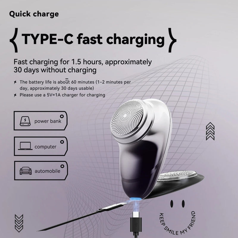 KONKA Mini Shaver Men's Electric Shaver Travel Portable Smart Type C Rechargeable Beard Shaver 5200 RPM High-speed Motor