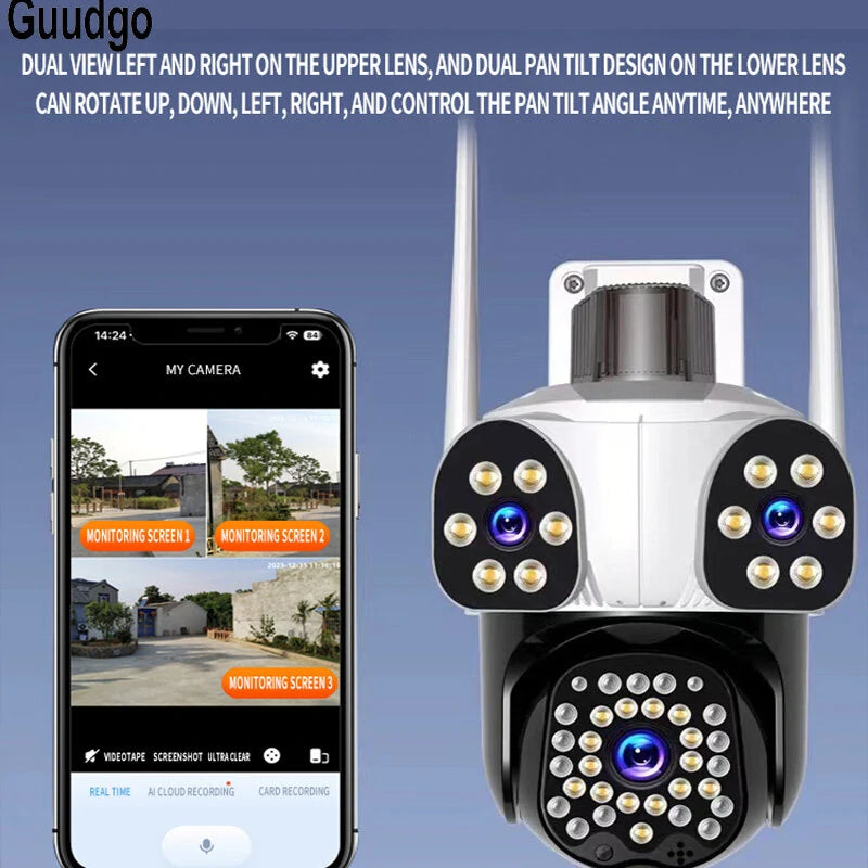 Guudgo 3MP+3MP+3MP Outdoor WiFi Cameras Three Screen View HD IP Camera Color Night Vision Human Detection Two-way Intercom IP66 Waterproof 360 Panoramic Surveillance Video Camera