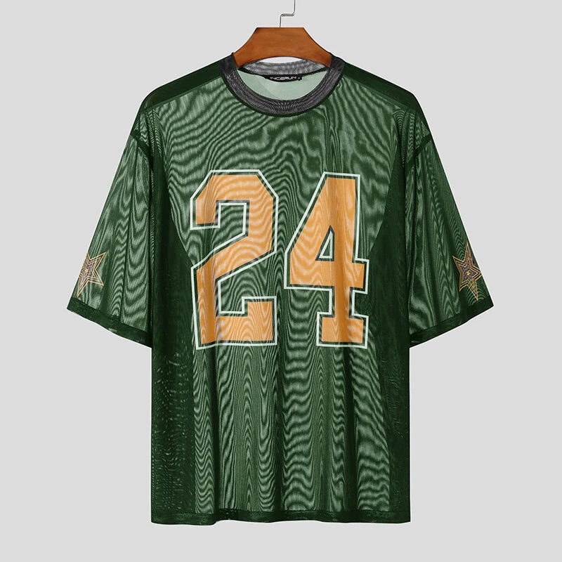 INCERUN Mens Mesh Number Print Short-Sleeve T-Shirt Fashion Streatwear Matching Jerseys Top for Male Plus Size S-5XL