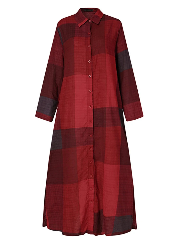 Women Casual Plaid Lapel Long Sleeve Button Vintage Shirt Maxi Dresses With Pocket