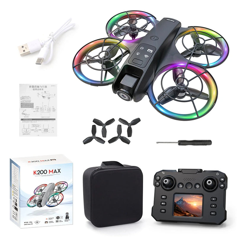 XKJ K200 MAX WiFi FPV with LCD Screen Controller HD Dual Camera Electrically Adjustable Optical Flow Hover Automatic Obstacle Avoidance Dazzling 7-Lights Circle Protection Brushless 2.4G 4CH 6-Axis Remote Control Toys RC Drone Quadcopter RTF