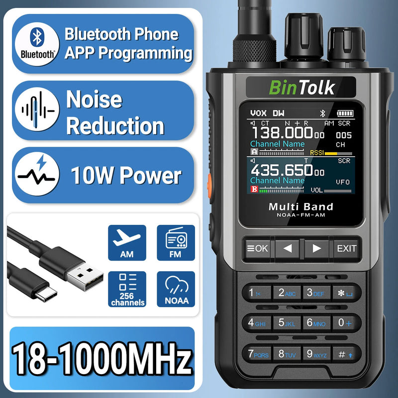 BinTolk BT8200 10W Multi Band Radio Walkie Talkie 256 Channels bluetooth APP Programming NOAA Weather Alert Type-C Charging Tri-Power Output VOXTwo Way Radio