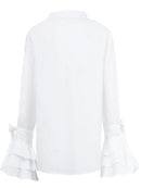 Women Casual Turn-down Collar Flare Sleeve Solid Color Blouse