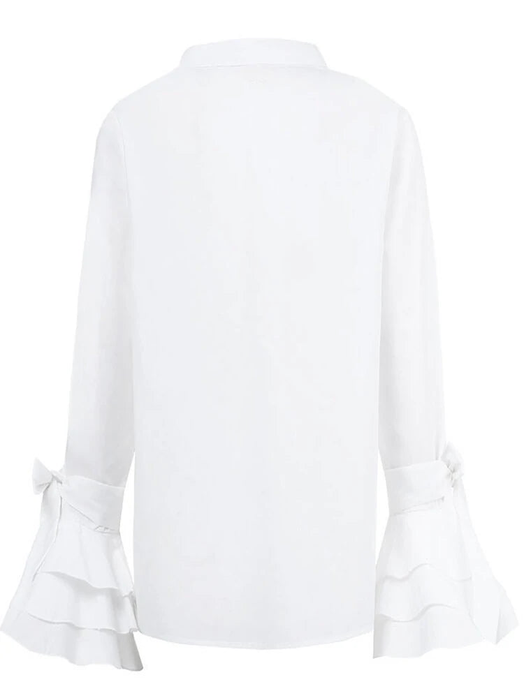 Women Casual Turn-down Collar Flare Sleeve Solid Color Blouse