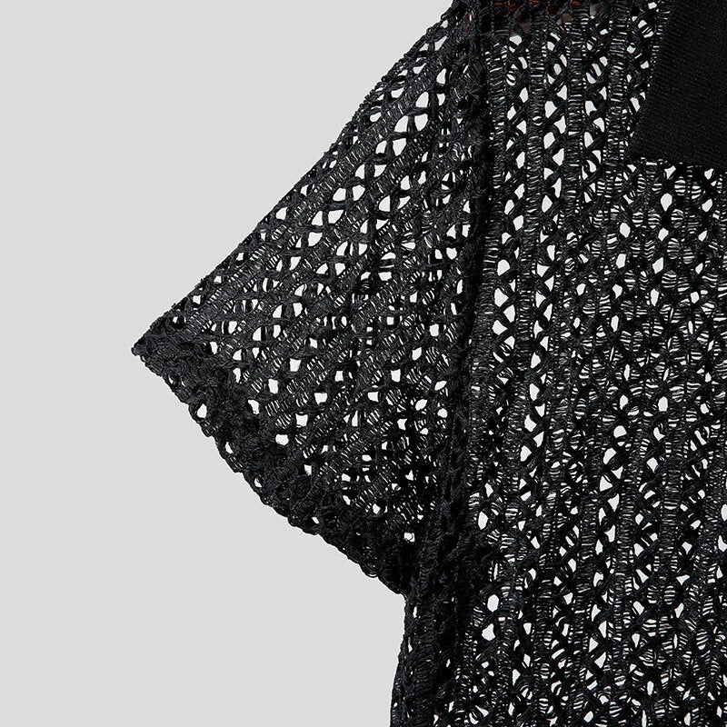 INCERUN Mens Shirts Solid Color Hollow Out Lapel Top Shirts Summer Cool Party Top Fashion Male Clothing