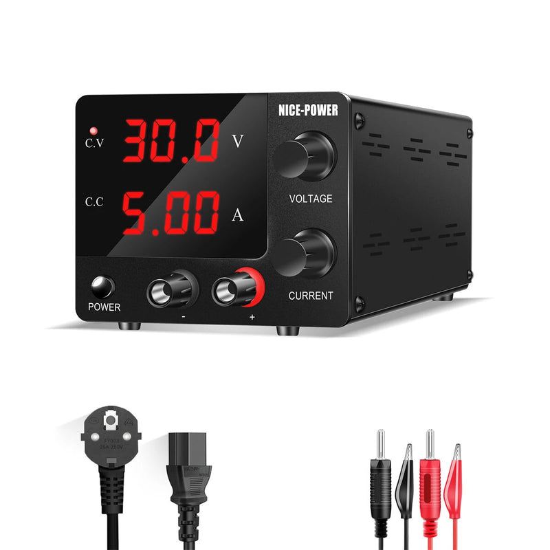 NICE-POWER SPS-E305 Mini Power Supply 0-30V 0-5A High-Precision Encoder Adjustment Sleek Black Design Stable DC Output