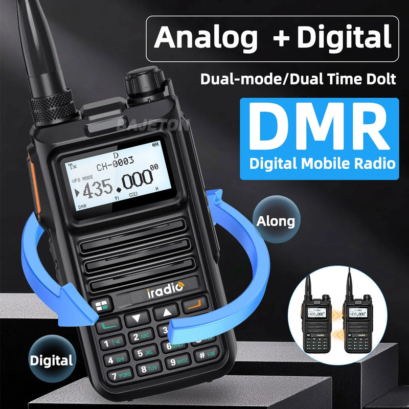 iRadio DM-UV4R DMR Digital Analog Walkie Talkie Dual Mode 1024 Channels AES-256 Encryption UHF VHF Wide Frequency Range NOAA Weather Alerts Type C Charging Two Way Radio