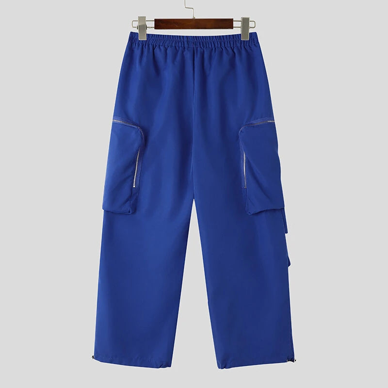 INCERUN Mens Zipper Big Pocket Pleated Design Pant Wide Legged Trousers Casual Solid Color Elastic Waist Pant S-5XL