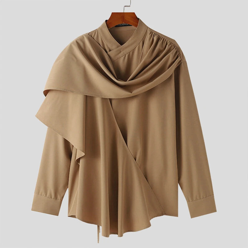 INCERUN Men Irregular Long Sleeve Shirts Fashion Solid Color Lapel Top for Men Spring Fall Large Size S-5XL