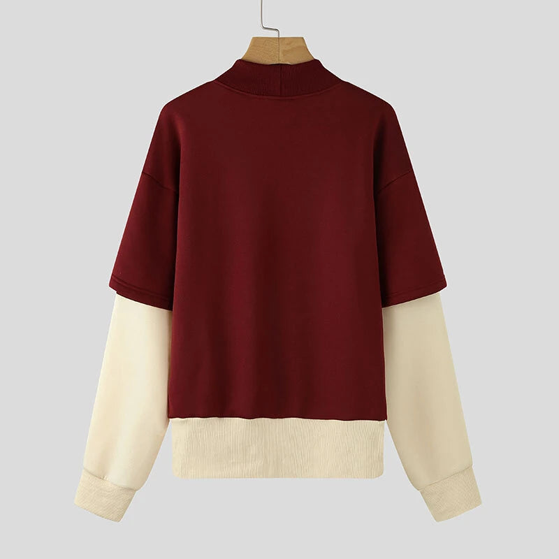 INCERUN Mens False Two-Piece Patchwork Long-Sleeve Pullover Hoodies Comfy Crew Neck Top for Male