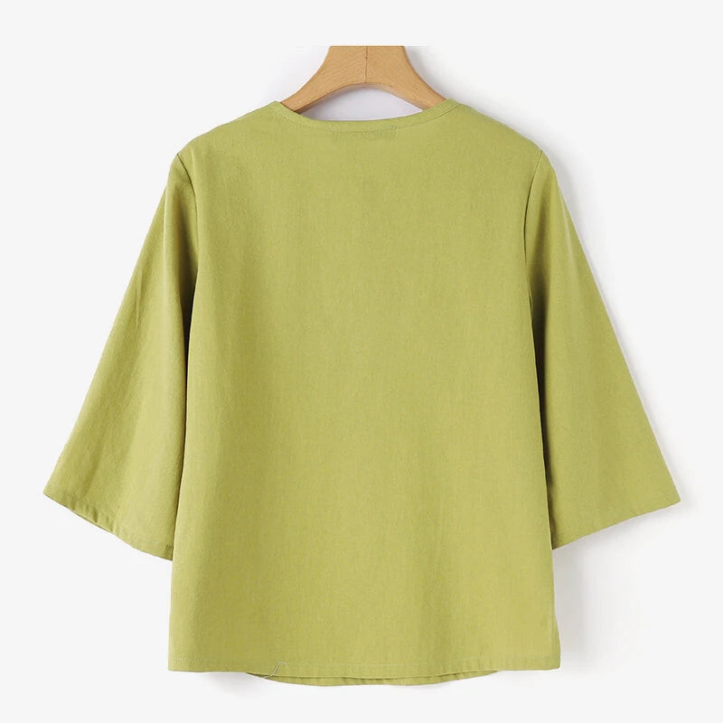 ZANZEA Women Button Summer O-Neck 3/4 Sleeve Solid Blouses Casual Cotton Linen Shirts for Women Loose Fit