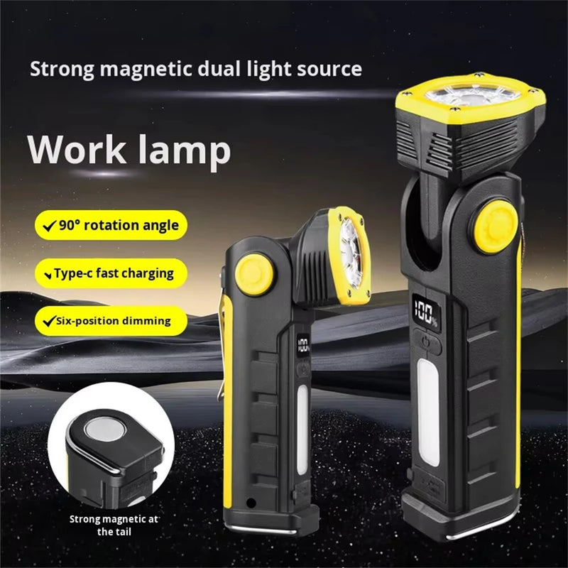 Powerful Dual Light Source Flashlight Handheld Folding Lamp Camping Working Torch USB Charging Digital Display with Magnet Car Inspection Outdoor Red Warning Flash Light