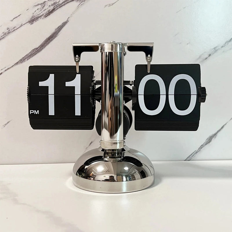 Vintage Flip Clock 12-Hour Automatic Flip Clock Retro Stainless Steel Desk Clock Large Time Display Clock for Living Room Bedroom Household