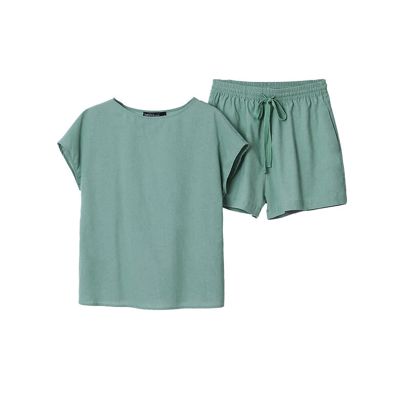 ZANZEA Plus Size Women Cotton Linen Two Set Solid Elastic Waist Pocket Short Sleeve Blouses and Short Casual Summer Two-Piece Set
