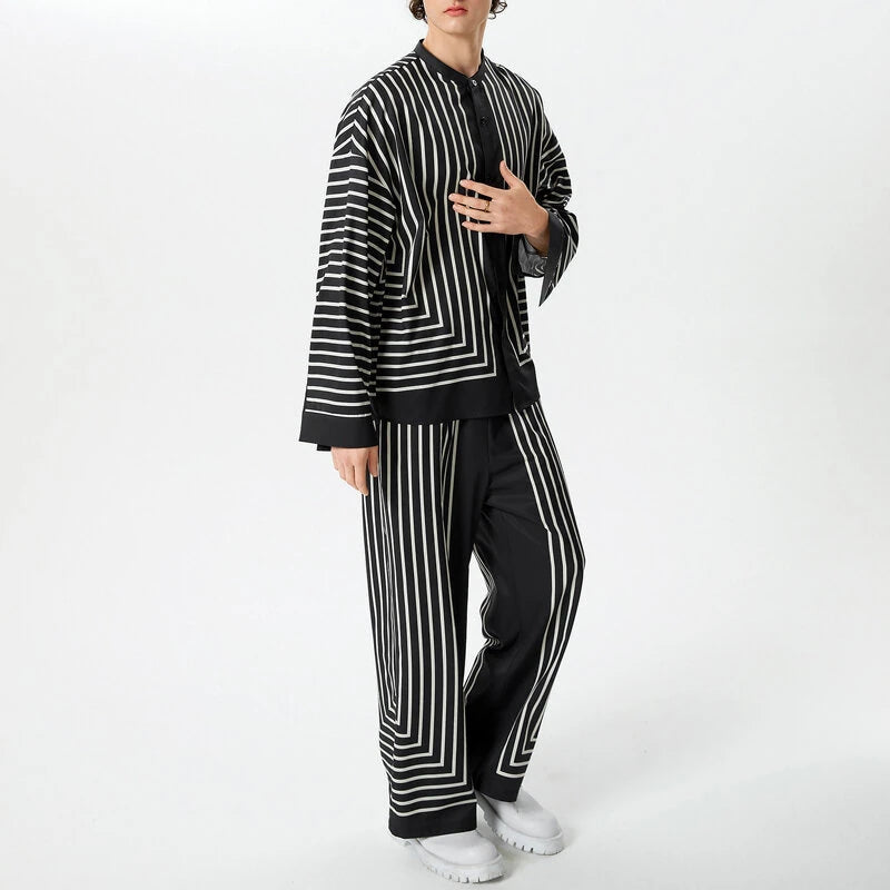 INCERUN 2 Piece Men's Striped Casual Outfit Set, Collar Button Up Top And Elastic Waist Wide Leg Trousers Set for Daily Wear Spring Fall Plus Size S-5xl