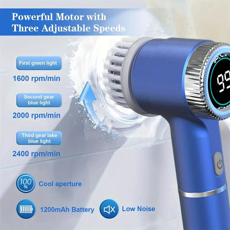 5 in1 Portable Electric Cleaning Brush 5W 1200mAh Rechargeable 3-Speed Adjustable 1600/2000/2400 RPM Cordless Multi-functional Kitchen Dish Scrubber with LED Indicator and USB Charging