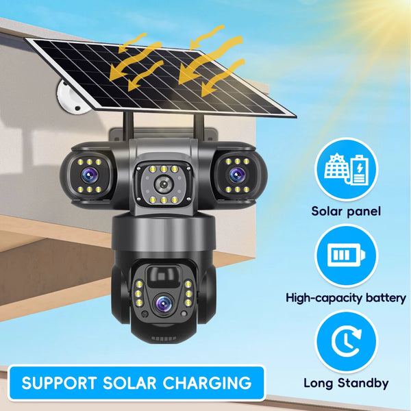 V380 4G 6MP Solar Security Camera 3-Lens System  Dual-Charging Night Vision Motion Alerts 4G European Version Security Camera