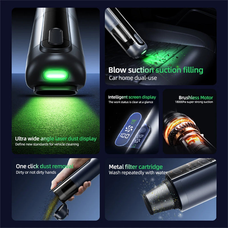 Tevorex Cordless Handheld Car Vacuum with Green Light,16000PA Suction,USB Rechargeable, Brushless Motor, Digital Display, Blow & Suction