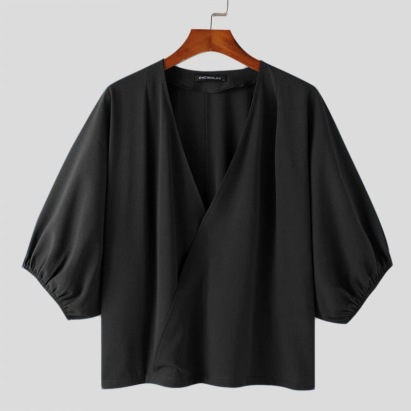 INCERUN Mens Shirts Fashion Big V-neck Bubble Short Sleeve Top Shirts Summer Fashion Party Top Shirts Male Clothing