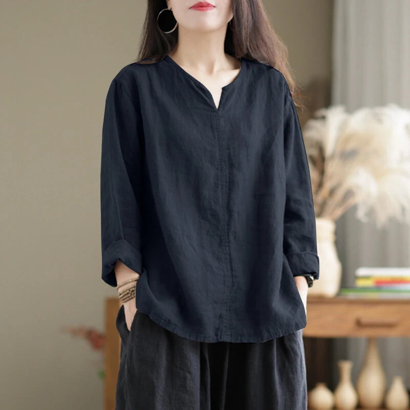 ZANZEA Vintage Women Cotton Blouse V Neck Long Sleeve Tops Retro Solid Loose Shirt Female Work Tunic Blusas Mujer