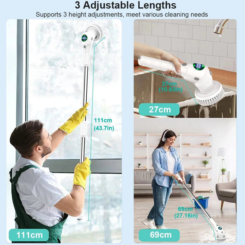 8 in 1 Multifunctional Wireless Cleaning Brush 2500mAh Type-C USB Rechargeable 450RPM Adjustable Lengths LED Night Light for Bathroom Kitchen Windows Car