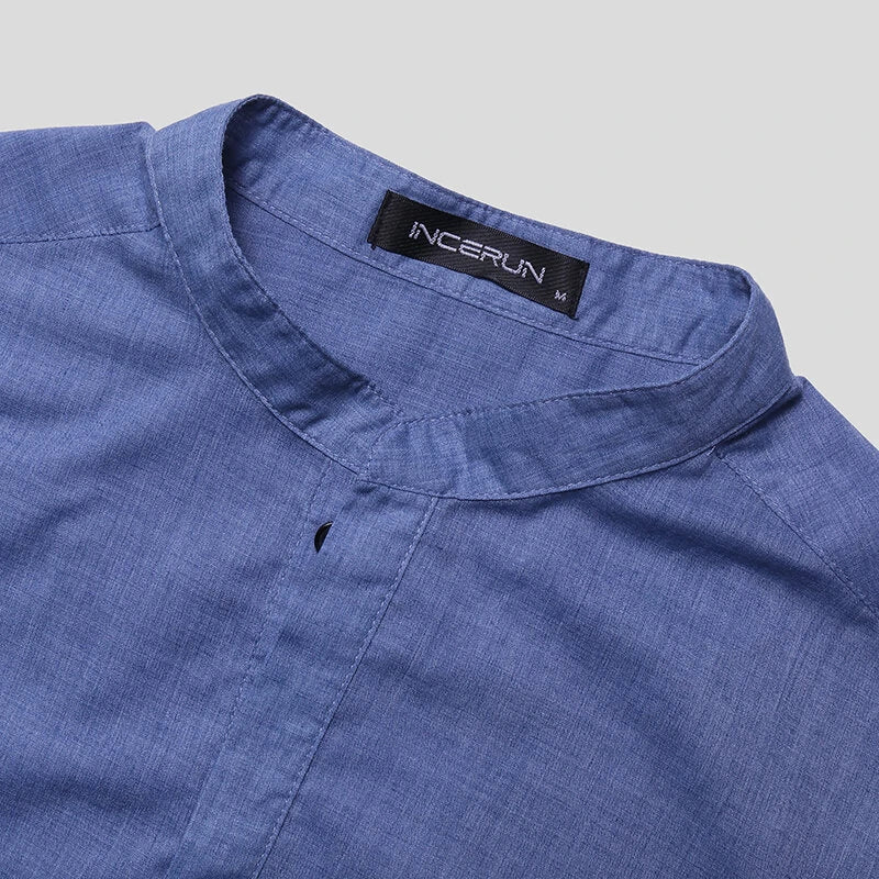 INCERUN Men Islamic Thobe Kaftan Knee Length Maxi Tunic Shirts Gown Stand Collar Long Sleeve Mid Long Casual Shirts