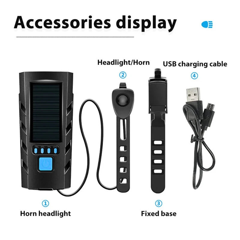 Bikight 4 in 1 Solar Bike Headlight 2400mAh Battery Power Bank 3 Light Modes Waterproof Bicycle Front Light with 130db Horn for MTB Bike Motorcycle Electric Vehicle
