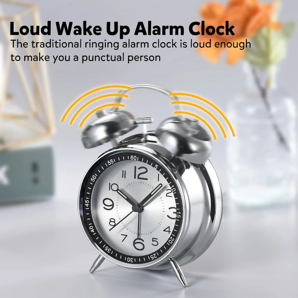 AGSIVO 4 Inch Loud Alarm Clock Twin Bell Analog for Heavy Sleepers Silent Non-Ticking Quartz with Backlight