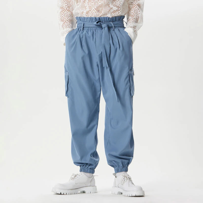 INCERUN Men Pants Tie Design Solid Color Casual Elastic Trousers Comfy Daily Solid Color Pants with Side Pockets