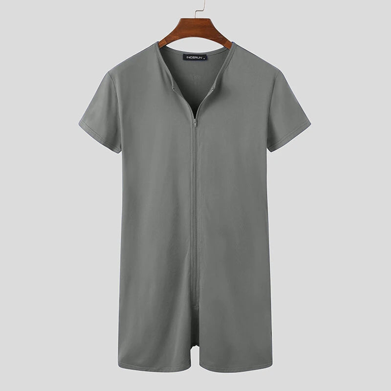 INCERUN Mens Jumpsuit Thin Stretch Comfort Zipper Short Sleeve One-piece Shorts Homewear for Men Large Size S-5XL