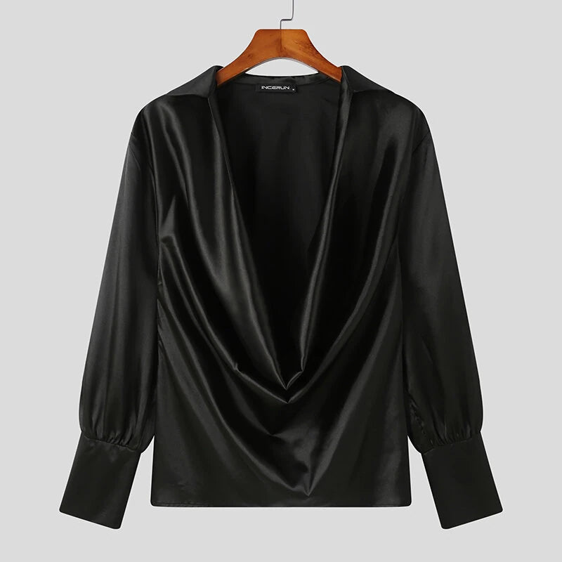 INCERUN Mens Shirts Solid Color Long Sleeve Top Shirts Summer Fashion  Stacked Neck Top Shirts Party Male Clothing