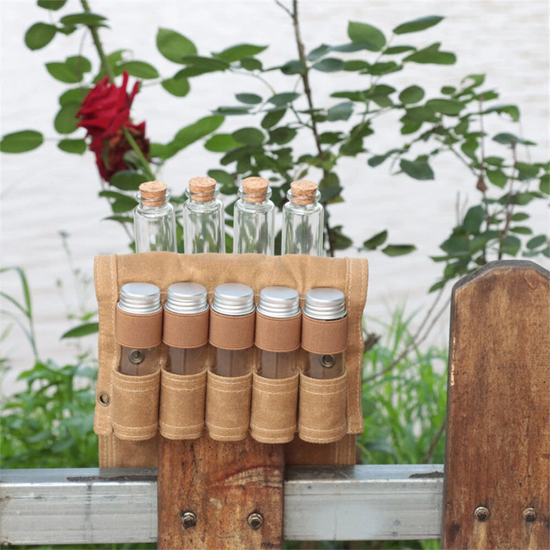 IPRee Reliable Outdoor Camping Spice Bottle Storage Bag Free with 9pcs Glass Spice Bottle Storage Bag BBQ Seasoning Bottle Canvas Bag