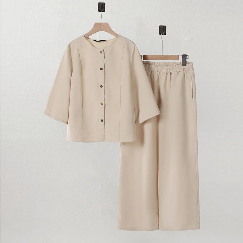 ZANZEA Women Vintage Crew Neck Long Sleeve Tops Elastic Waist Wide-Legged Pants Sets