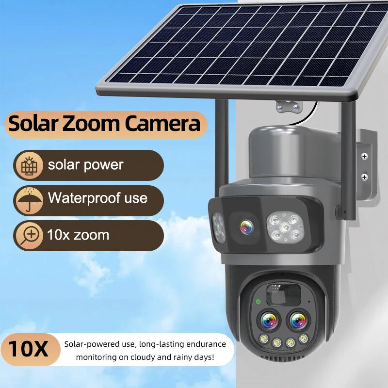 Guudgo Tri-lens Solar Camera 10X Optical Zoom WIFI 4G Wireless PTZ Color Night Vision AI Human Detection Solar Powered Waterproof Outdoor Security Camera