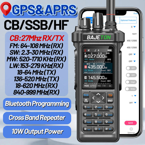 BAJETON BJ-9000 10W GPS APRS Walkie Talkies CB 27Mhz Transceiver SW MW LW AM Receive Bluetooth Programming FM Shortwave Transceiver Radio