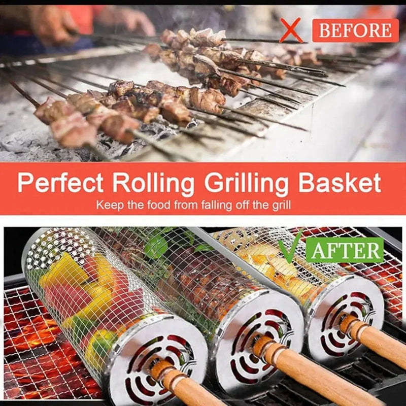BBQ Grill Basket Round BBQ Cage Outdoor BBQ Smoking Cage Portable BBQ Net Rotating Drum Stainless Steel Grill Cage Round BBQ Basket with Handle Fish Roaster Outdoor Grill
