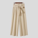 INCERUN Mens Pants Solid Color Loose Fit High Waist Tie Straight Leg Pants for Men Casual Comfy Male Trousers