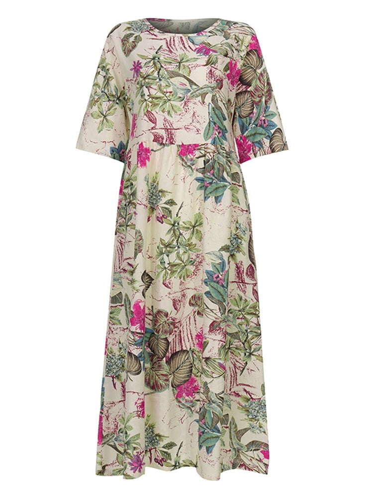 ZANZEA Plus Size Women Beach Long Dress Retro Floral Printed Round Neck Three Quarter Sleeve Pleated Beach Maxi Dresses