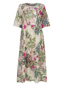 ZANZEA Plus Size Women Beach Long Dress Retro Floral Printed Round Neck Three Quarter Sleeve Pleated Beach Maxi Dresses