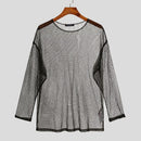 INCERUN Mens T-shirt Hollow Out Loose Fit Tee Fashion Casual Black T Shirt Summer Comfy Round Neck Long Sleeve Top