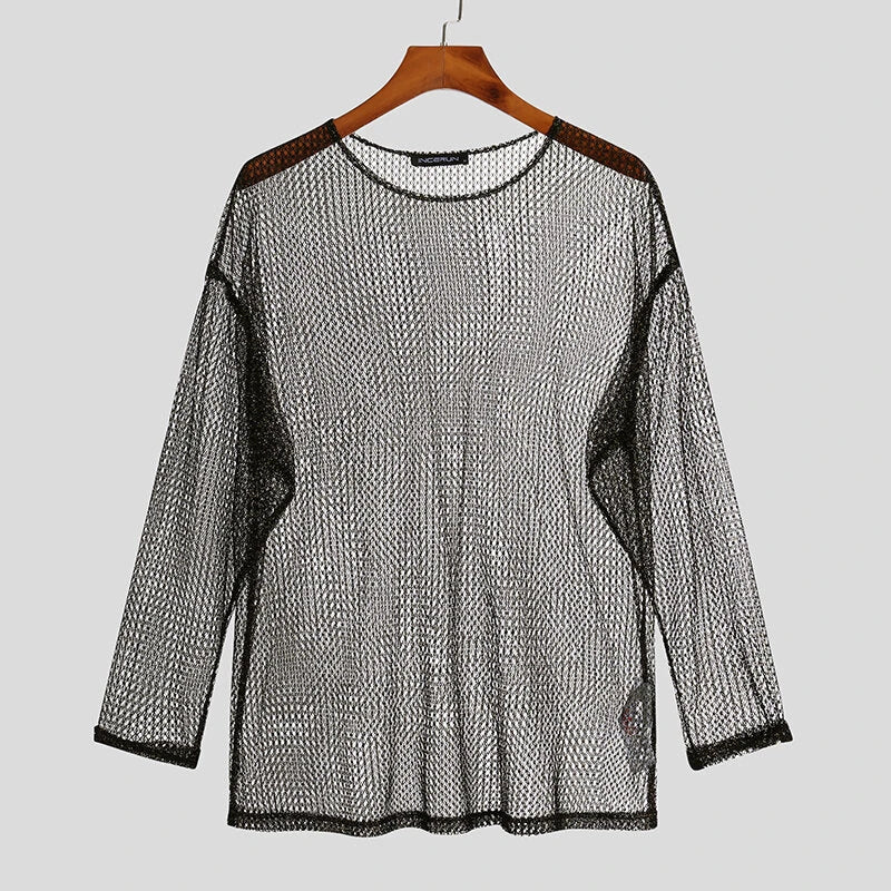 INCERUN Mens T-shirt Hollow Out Loose Fit Tee Fashion Casual Black T Shirt Summer Comfy Round Neck Long Sleeve Top