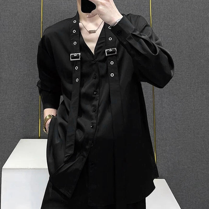 INCERUN Mens Tie Design Long Sleeve Shirt Casual Solid Color Fashion Design Men Top Loose Fit